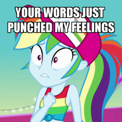 Size: 500x500 | Tagged: safe, edit, edited screencap, screencap, rainbow dash, equestria girls, equestria girls specials, g4, my little pony equestria girls: better together, my little pony equestria girls: spring breakdown, caption, cropped, female, geode of super speed, image macro, magical geodes, ouch, quote, sad, shocked, sleeveless, solo, text