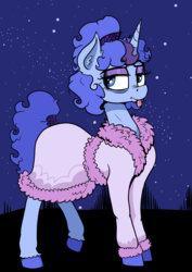 Size: 2722x3838 | Tagged: safe, artist:paskanaakka, derpibooru exclusive, oc, oc only, oc:midnight dew, pony, unicorn, alternate hairstyle, bathrobe, clothes, colored hooves, ear fluff, female, high res, horn, mare, night, older, pony oc, robe, solo, stars, tail wrap, tongue out, unicorn oc, unshorn fetlocks