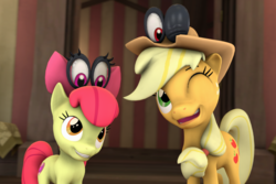 Size: 1616x1077 | Tagged: safe, artist:pika-robo, apple bloom, applejack, g4, 3d, apple bloom's bow, applejack's hat, bow, cappy (mario), cowboy hat, crossover, hair bow, hat, looking at each other, one eye closed, siblings, smiling, source filmmaker, super mario bros., super mario odyssey, tiara (mario), wink