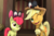 Size: 1616x1077 | Tagged: safe, artist:pika-robo, apple bloom, applejack, g4, 3d, apple bloom's bow, applejack's hat, bow, cappy (mario), cowboy hat, crossover, hair bow, hat, looking at each other, one eye closed, siblings, smiling, source filmmaker, super mario, super mario odyssey, tiara (mario), wink