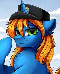 Size: 1446x1764 | Tagged: safe, artist:pridark, oc, oc only, oc:zainey, pony, bust, cap, captain, commission, ear fluff, green eyes, hat, long hair, looking at you, portrait, smiling, solo