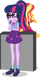 Size: 716x1324 | Tagged: safe, artist:raindashesp, sci-twi, sunset shimmer, twilight sparkle, equestria girls, g4, cellphone, clothes, cutie mark on clothes, glasses, phone, sci-twi skirt, simple background, skirt, transparent background