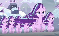 Size: 640x388 | Tagged: safe, edit, edited screencap, screencap, starlight glimmer, pony, unicorn, g4, the ending of the end, multeity, similo duplexis, snow, starlight cluster, starlight glimmer in places she shouldn't be, wind, windswept mane, xk-class end-of-the-world scenario