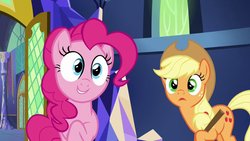 Size: 1200x675 | Tagged: safe, screencap, applejack, pinkie pie, earth pony, pony, g4, the one where pinkie pie knows, duo, open mouth, twilight's castle