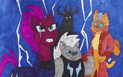 Size: 1823x1136 | Tagged: safe, artist:rapidsnap, capper dapperpaws, grubber, storm king, tempest shadow, pony, g4, my little pony: the movie, chest fluff, lightning, traditional art