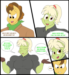 Size: 3128x3384 | Tagged: safe, artist:matchstickman, grand pear, granny smith, earth pony, anthro, comic:free cider, g4, biceps, breasts, busty granny smith, clothes, comic, deltoids, dialogue, duo, female, granny smash, growling, high res, looking at you, male, mare, muscles, shrug, simple background, speech bubble, stallion, talking to viewer, white background, young grand pear, young granny smith, younger