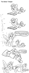 Size: 2000x4933 | Tagged: safe, anonymous artist, twilight sparkle, alicorn, pony, unicorn, g4, abdominal bulge, belly, book, butt, butt touch, comic, dialogue, female, fetish, hoof on butt, mare, plot, preylight, same size vore, self ponidox, swallowing, time paradox, twilight sparkle (alicorn), twipred, unicorn twilight, vore