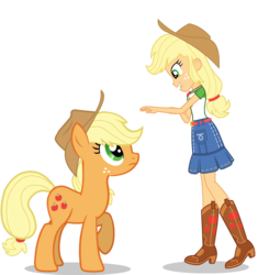 Size: 1132x1202 | Tagged: source needed, safe, artist:raindashesp, applejack, earth pony, human, pony, equestria girls, g4, my little pony equestria girls: better together, applejack's hat, clothes, cowboy hat, cute, duality, female, hat, human ponidox, jackabetes, looking at each other, looking at someone, mare, open mouth, open smile, raised hoof, self paradox, self ponidox, simple background, smiling, transparent background, vector