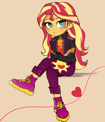 Size: 583x678 | Tagged: safe, artist:nairdags, sunset shimmer, equestria girls, equestria girls series, g4, spoiler:eqg series (season 2), blushing, crossed arms, crossed legs, cute, female, heart, shimmerbetes, sitting, solo, tan background