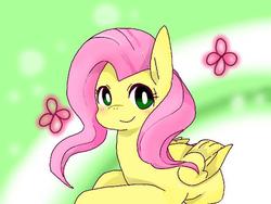 Size: 640x480 | Tagged: safe, artist:fuxeri56, fluttershy, pegasus, pony, g4, blushing, cute, female, flower, folded wings, looking at you, mare, prone, shyabetes, smiling, solo, wings