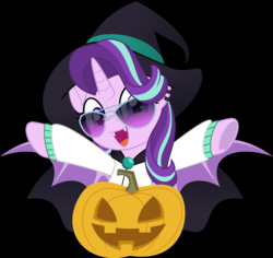 Size: 2048x1930 | Tagged: safe, artist:jhayarr23, starlight glimmer, alicorn, bat pony, bat pony alicorn, pony, g4, alicornified, black background, cape, clothes, cute, fangs, female, glimmerbetes, halloween, hat, holiday, jack-o-lantern, looking at you, open mouth, pumpkin, race swap, simple background, smiling, solo, starlicorn, sunglasses, vector, witch hat