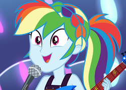 Size: 1511x1080 | Tagged: safe, screencap, rainbow dash, equestria girls, equestria girls series, spring breakdown, spoiler:eqg series (season 2), all good (song), braid, close-up, clothes, cropped, cruise outfit, dress, electric guitar, equestria girls rainbow dash, female, guitar, happy, headband, human dash, microphone, multicolored hair, musical instrument, open mouth, ponytail, sequins, singing, sleeveless, sleeveless dress, smiling, solo