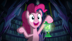 Size: 1920x1080 | Tagged: safe, screencap, pinkie pie, pony, g4, scare master, cute, diapinkes, female, firefly lamp, hoof hold, lamp, library, mare, open mouth, solo, twilight's castle, twilight's castle library