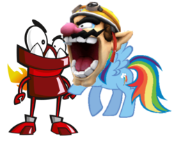 Size: 509x413 | Tagged: safe, rainbow dash, pegasus, pony, g4, abomination, crack shipping, creepy, crossover, crossover shipping, fanfic art, lego, male, mixels, nintendo, not salmon, shipping, simple background, super mario bros., transparent background, wario, wat, zorch