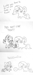Size: 1200x2717 | Tagged: safe, artist:tjpones, luster dawn, twilight sparkle, oc, oc:zizzie, pony, unicorn, zebra, g4, ball, casual racism, comic, dialogue, female, friendshipping, gone horribly right, grayscale, implied twilight sparkle, lustie, make some friends, mare, monochrome, offscreen character, playing, quadrupedal, racism, racist joke, squatpony, twiggie, twiggie 2.0, zigger