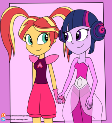 Size: 2377x2605 | Tagged: safe, artist:eagc7, sunset shimmer, twilight sparkle, equestria girls, g4, spoiler:steven universe, clothes, commission, cosplay, costume, duo, duo female, female, gem, high res, holding hands, ko-fi, lesbian, patreon, pearl, pink pearl, pink pearl (steven universe), ship:sunsetsparkle, shipping, simple background, spinearl, spinel, spinel (steven universe), spoilers for another series, steven universe, steven universe: the movie