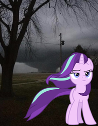 Size: 1242x1587 | Tagged: safe, edit, starlight glimmer, pony, unicorn, g4, season 9, the ending of the end, badass, female, irl, photo, ponies in real life, power line, solo, starlight glimmer in places she shouldn't be, stormchaser, tornado, tree