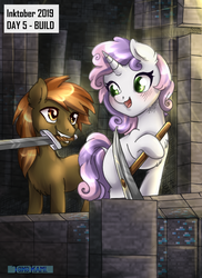 Size: 2550x3507 | Tagged: safe, artist:tokokami, button mash, sweetie belle, earth pony, pony, unicorn, g4, colt, female, filly, high res, hoof hold, inktober, inktober 2019, male, minecraft, mouth hold, pickaxe, sword, weapon