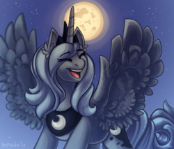 Size: 1400x1192 | Tagged: safe, artist:silverraven2018, princess luna, alicorn, pony, g4, cute, eyes closed, female, full moon, lunabetes, mare, moon, night, open mouth, solo, spread wings, stars, wings