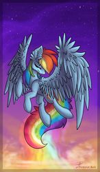 Size: 1024x1758 | Tagged: safe, artist:silverraven2018, rainbow dash, pegasus, pony, g4, cloud, ear fluff, eyes closed, female, flying, mare, sky, solo, spread wings, stars, wing fluff, wings