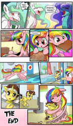 Size: 1800x3100 | Tagged: safe, artist:candyclumsy, princess celestia, princess luna, oc, oc:candy clumsy, oc:tommy the human, alicorn, dragon, pegasus, pony, comic:celestia's cronenberg, different view of reality, g4, alicorn oc, bandage, bed, bickering sisters, book, colt, comic, commissioner:bigonionbean, dragoness, dragonified, dragonlestia, female, food, hospital, hospital bed, hugging a pony, laughing, lunadragon, male, meat, moonbutt, pegasus oc, species swap, what just happened, writer:bigonionbean