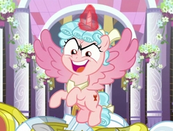 Size: 876x663 | Tagged: safe, screencap, cozy glow, alicorn, pony, g4, the ending of the end, alicornified, bow, cozy glow is best facemaker, cozycorn, cropped, faic, female, filly, looking at you, open mouth, pure concentrated unfiltered evil of the utmost potency, pure unfiltered evil, race swap, royal guard, solo focus, spread wings, tail bow, wings