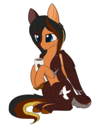 Size: 1194x1476 | Tagged: safe, alternate version, artist:dusthiel, oc, oc only, oc:daniel dasher, dracony, hybrid, pegasus, pony, coffee, commission, gift art, leonine tail, male, simple background, sitting, smiling, solo, stallion, transparent background