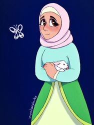 Size: 1536x2047 | Tagged: safe, artist:incendiarymoth, fluttershy, human, rabbit, animal, blue background, blushing, brown eyes, clothes, female, hijab, humanized, islam, islamashy, looking at you, male, religion, simple background, solo, wrong eye color