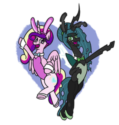 Size: 992x1040 | Tagged: safe, artist:jargon scott, princess cadance, queen chrysalis, alicorn, changeling, changeling queen, pony, g4, bunny suit, clothes, costume, cute, cutealis, cutedance, female, mare, simple background