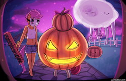 Size: 1158x750 | Tagged: safe, artist:lumineko, apple bloom, scootaloo, sweetie belle, anthro, unguligrade anthro, g4, apple buruma project, belly button, clothes, costume, cutie mark crusaders, halloween, halloween costume, holiday, jason voorhees, midriff, starcraft overlord, tank top