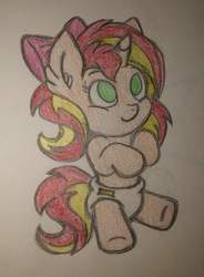 Size: 2366x3221 | Tagged: safe, artist:crystal2riolu, sunset shimmer, pony, unicorn, g4, baby, baby pony, babyset shimmer, bow, cute, diaper, female, foal, hair bow, high res, shimmerbetes, solo, traditional art, younger
