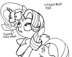 Size: 640x507 | Tagged: safe, artist:ewoudcponies, starlight glimmer, trixie, pony, unicorn, g4, :t, black and white, dialogue, duo, grayscale, horse riding a horse, inktober, inktober 2019, monochrome, ponies riding ponies, riding, traditional art, trixie riding starlight glimmer