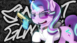 Size: 9000x5051 | Tagged: safe, artist:calveen, starlight glimmer, pony, unicorn, g4, clothes, ear fluff, female, glasses, glowing horn, gold, gun, handgun, hoodie, horn, levitation, looking at something, magic, open mouth, pistol, solo, tail, teeth, telekinesis, tongue out