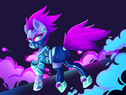 Size: 3200x2400 | Tagged: safe, artist:spindlespice, tempest shadow, pony, unicorn, g4, akali, broken horn, clothes, cosplay, costume, crossover, female, high res, horn, k-pop, k/da, league of legends, looking back, mare, solo, tempass, video game crossover