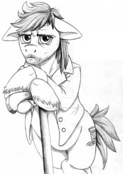Size: 754x1059 | Tagged: safe, artist:saij-spellhart, pony, deviantart watermark, gregory house, house, house m.d., monochrome, obtrusive watermark, pencil drawing, ponified, solo, traditional art, watermark