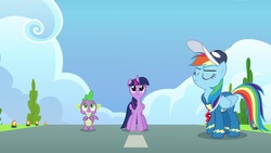 Size: 1920x1080 | Tagged: safe, screencap, rainbow dash, spike, twilight sparkle, alicorn, dragon, pony, g4, my little pony: friendship is magic, the last problem, clothes, twilight sparkle (alicorn), uniform, winged spike, wings, wonderbolts headquarters, wonderbolts uniform