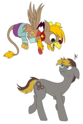 Size: 2973x4453 | Tagged: safe, artist:wolftendragon, oc, oc:geartooth, oc:pad, griffon, pony, unicorn, annoyed, clothes, commission, costume, crossdressing, flying, male, welcome to hell