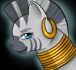 Size: 617x569 | Tagged: safe, artist:ninetail-fox, zecora, pony, zebra, g4, black background, bust, female, lidded eyes, looking at you, mare, simple background, smiling, solo