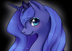 Size: 1200x855 | Tagged: safe, artist:ninetail-fox, princess luna, alicorn, pony, g4, black background, blushing, bust, cute, female, jewelry, looking at you, lunabetes, mare, portrait, profile, s1 luna, simple background, smiling, solo, tiara