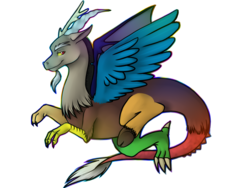 Size: 1600x1200 | Tagged: safe, artist:ninetail-fox, discord, draconequus, g4, flying, lidded eyes, looking at you, male, profile, raised hoof, simple background, smiling, solo, spread wings, transparent background, underhoof, wings