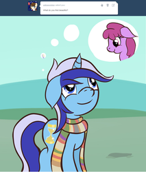 Size: 1015x1193 | Tagged: safe, artist:captainbritish, berry punch, berryshine, minuette, earth pony, pony, g4, clothes, colgateanswers, filly minuette, scarf, thought bubble, younger