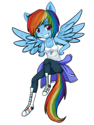 Size: 1200x1600 | Tagged: safe, artist:ninetail-fox, rainbow dash, pegasus, anthro, g4, alternate hairstyle, breasts, chibi, cleavage, clothes, eye clipping through hair, female, looking at you, pants, shoes, simple background, smiling, solo, spread wings, sweatshirt, tank top, transparent background, wings