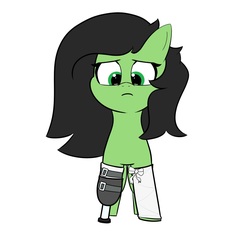 Size: 1159x1151 | Tagged: artist needed, safe, oc, oc only, oc:filly anon, earth pony, pony, amputee, bandage, female, filly, frown, looking down, prosthetic limb, prosthetics, sad, simple background, solo, white background