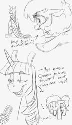 Size: 548x951 | Tagged: source needed, safe, artist:lockhe4rt, oc, oc only, oc:fausticorn, oc:filly anon, alicorn, earth pony, pony, comic, dialogue, exclamation point, eyes closed, female, filly, insult, mare, microphone, monochrome, open mouth, sitting, slander