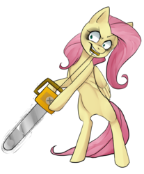 Size: 1200x1449 | Tagged: safe, artist:ninetail-fox, fluttershy, pegasus, pony, .mov, shed.mov, g4, bipedal, chainsaw, female, fluttershed, hoof hold, mare, mouth hold, narrowed eyes, simple background, solo, this will end in death, transparent background