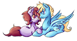 Size: 4224x2243 | Tagged: safe, artist:coco-drillo, oc, oc:dorm pony, oc:wild waterfall, pegasus, pony, unicorn, affection, blonde mane, blue coat, blue eyes, brown eyes, brown mane, chest fluff, colorful, commission, cute, ear fluff, eye contact, gray coat, looking at each other, love, oc x oc, on side, prone, shipping, unprotected hoof holding