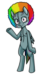 Size: 801x1349 | Tagged: safe, artist:ninetail-fox, rainbow dash, pegasus, pony, .mov, swag.mov, g4, afro, alternate cutie mark, alternate hairstyle, bags under eyes, bipedal, cutie mark, delicious flat chest, female, human shoulders, looking at you, mare, nipples, nudity, scar, simple background, smiling, solo, stitches, transparent background, waving