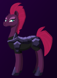 Size: 509x697 | Tagged: safe, artist:edgy-ponearts, fizzlepop berrytwist, tempest shadow, pony, unicorn, g4, my little pony: the movie, armor, art, broken horn, dark background, eye scar, eyeshadow, female, hoof shoes, horn, looking back, makeup, mare, scar, solo, standing