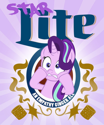 Size: 832x1000 | Tagged: safe, artist:pixelkitties, starlight glimmer, pony, unicorn, g4, alcohol, beer, ciderfest, drink, empathy cocoa, female, freaking out, label, logo, mare, pun, solo