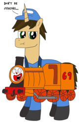 Size: 1895x2919 | Tagged: safe, artist:supahdonarudo, part of a set, oc, oc only, oc:daylit inquiry, pony, unicorn, clothes, conductor, costume, dialogue, downvote bait, halloween, halloween costume, simple background, text, train, transparent background